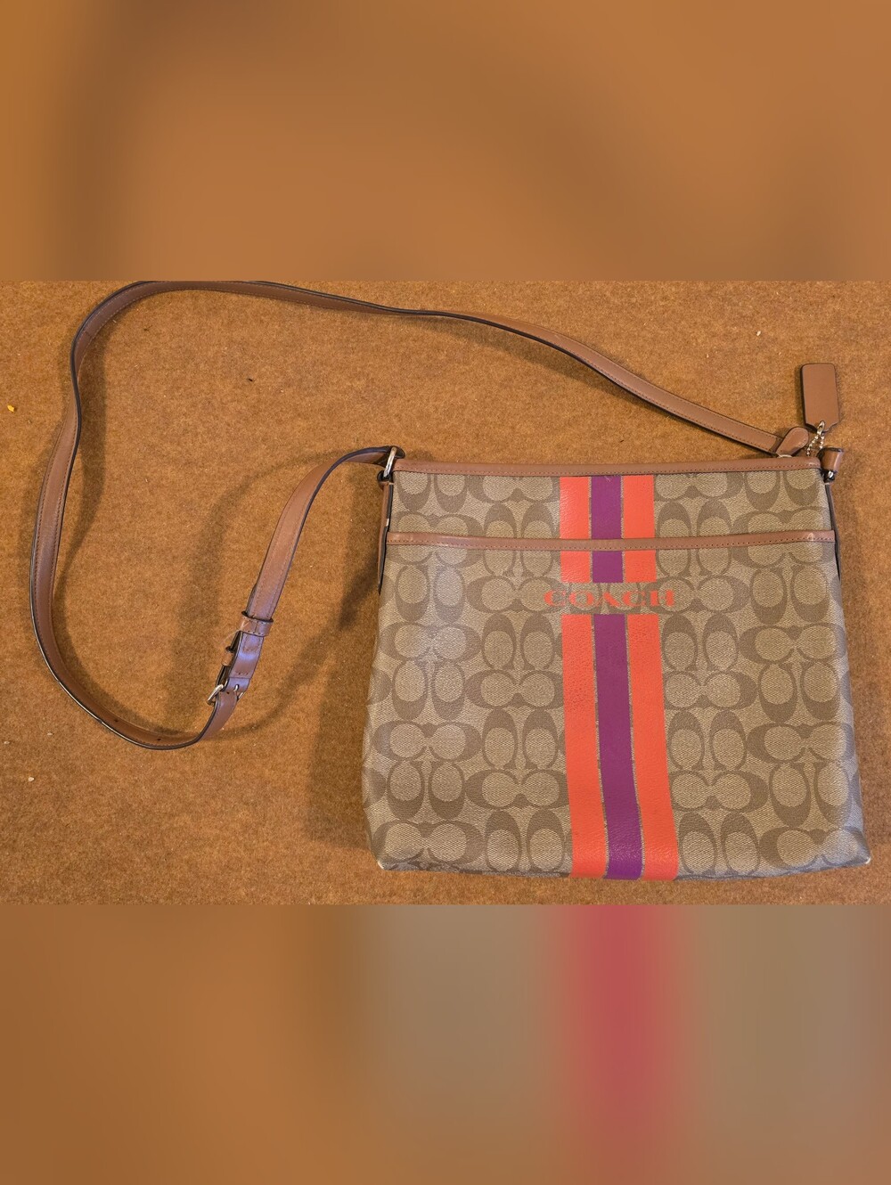 Coach Signature Stripe Crossbody Bag - Brown with Orange & Purple Stripe